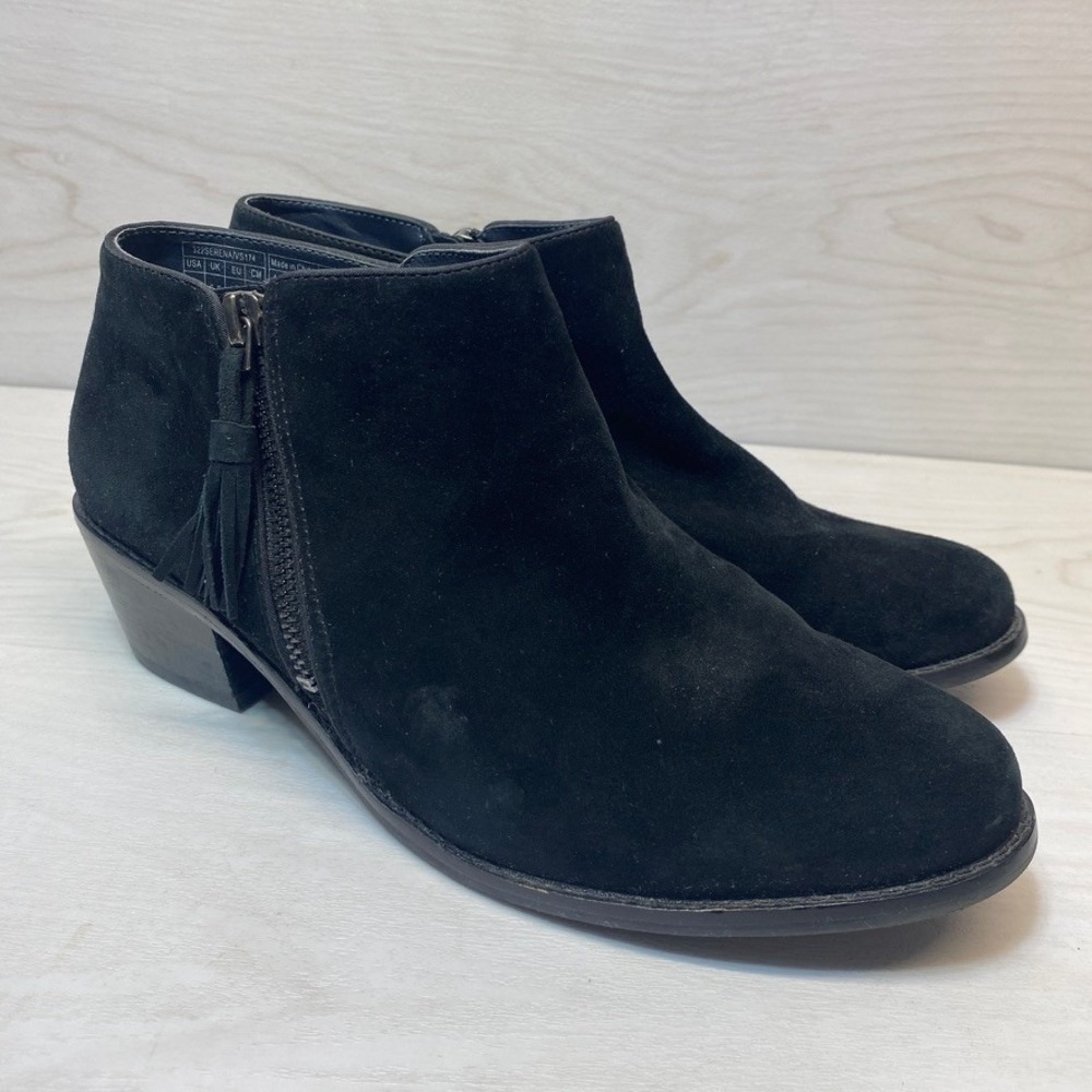 Vionic Womens 8.5 Serena Ankle Booties‎ Black Tassel Side Zip Block Heel Shoe